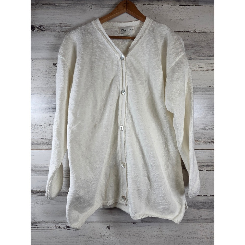 Avalin Cardigan Sweater Womens Large Cream 100% Cotton Textured V-Neck‎ Button